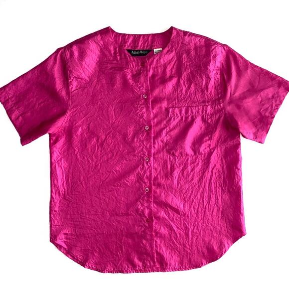 Vintage Ashleigh Morgan ‘80s Pink Crinkled Polyester Button Front Shirt Medium - Picture 1 of 8